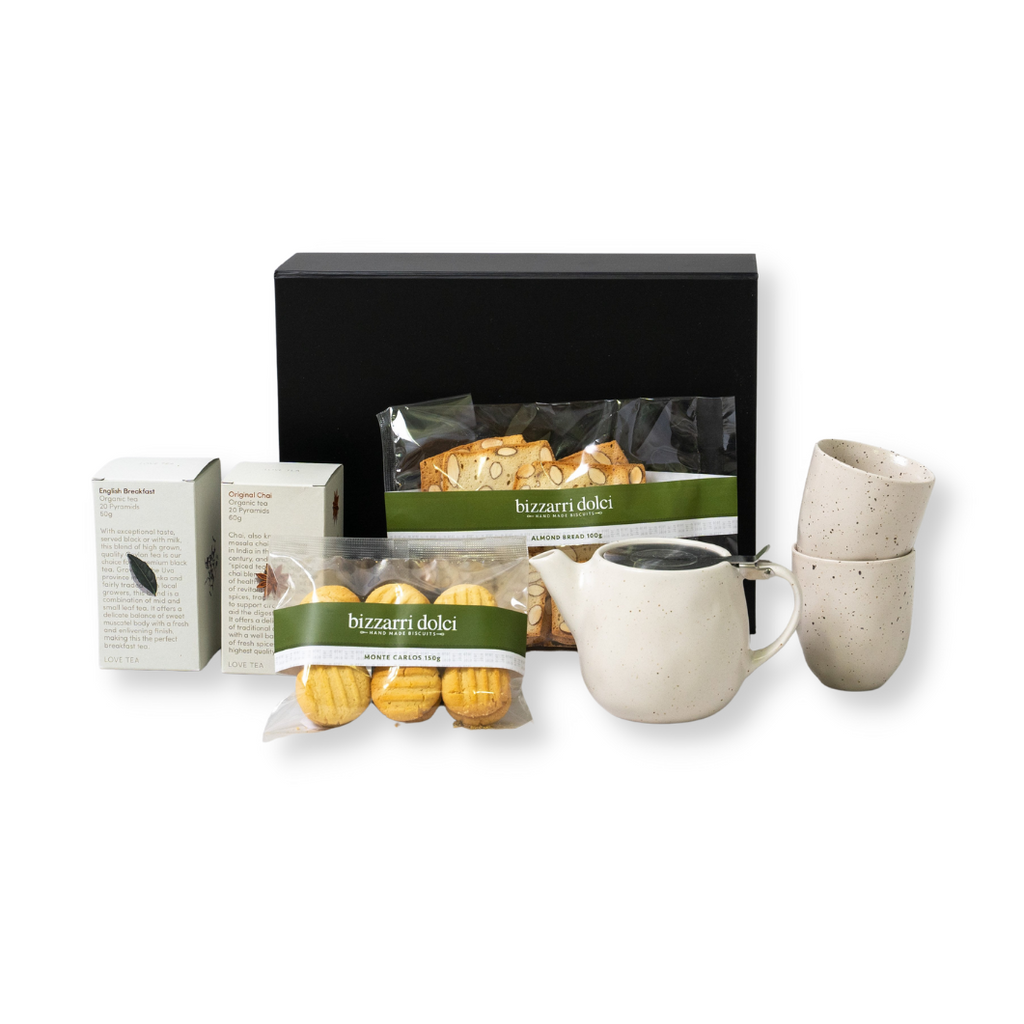 Love Tea English Breakfast, Bizzarri Dolci Monte Carlos and almond bread, Robert Gordon teapot and cups