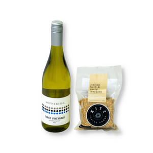 Bottle Chardonnay white wine and Kitz Italian and herb crackers