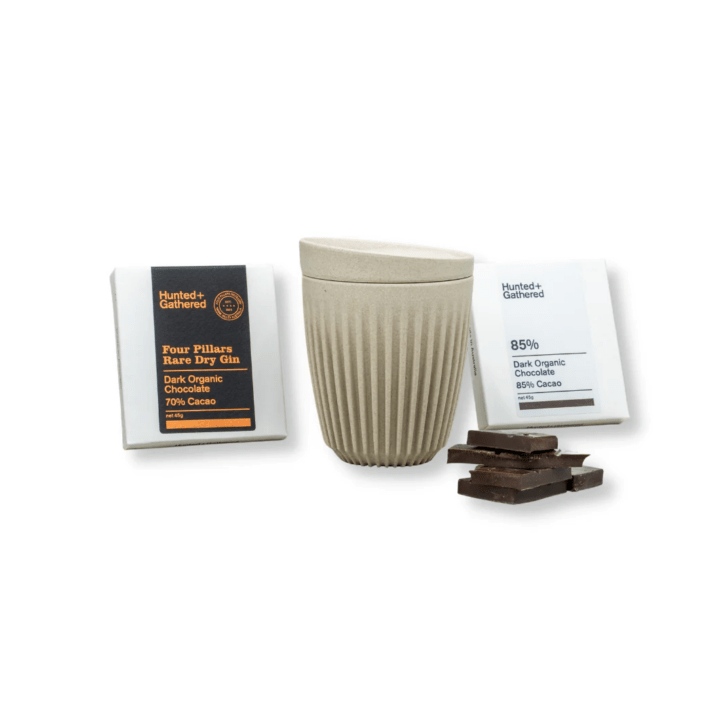 Hunted & Gathered Four Pillars chocolate, Huskee coffee cup and Hunted & Gathered 85% Dark Chocolate